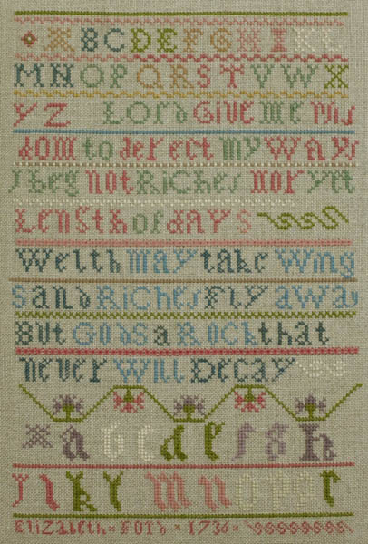 The Elizabeth Ford Sampler 1736 -- click for an enlarged view